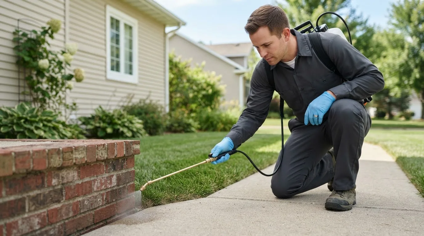 Pest control technician treating a home near Huggins, MO