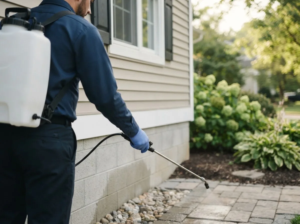 Pest control technician inspecting a home in Huggins, MO
